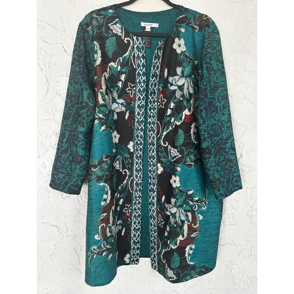 Chicos Teal Floral Damask Open Front Topper Jacket Matelasse Size 3 XL